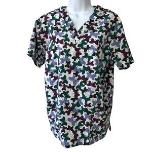 Scrub Advantage Scrub Top Women Size S White w Purple Green Butterflies Pockets